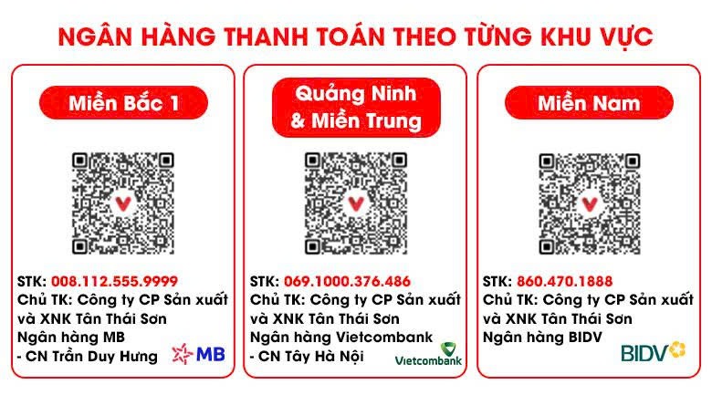 Thanh toán theo từng khu vực với số tài khoản ngân hàng tương ứng Thanh toán theo từng khu vực với số tài khoản ngân hàng tương ứng