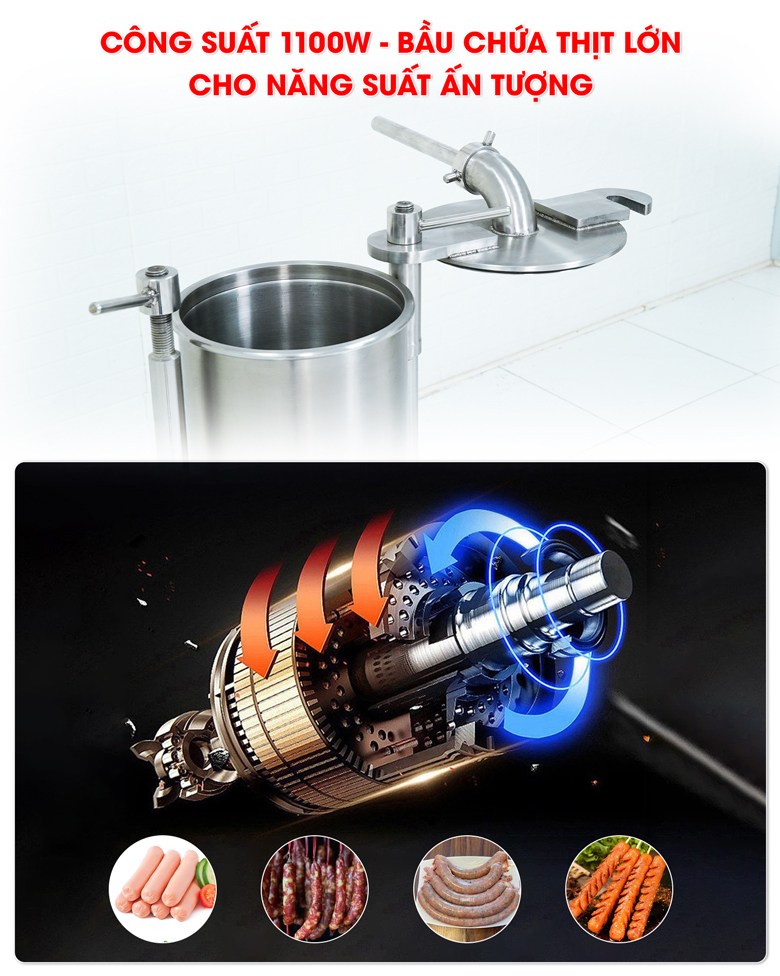 Thiết bị có công suất lớn, đùn nhồi xúc xích nhanh chóng, năng suất cao