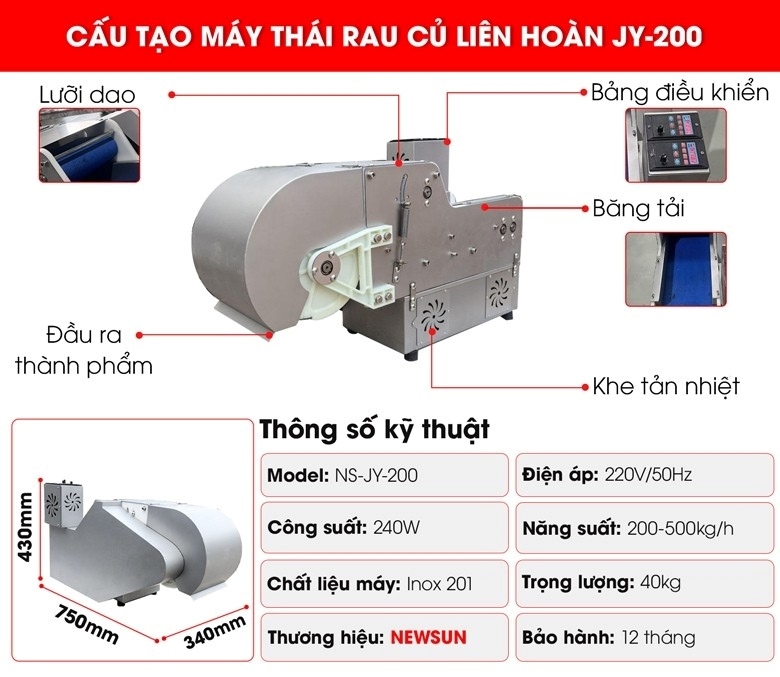 Cấu tạo của máy cắt rau củ quả liên hoàn JY-200 