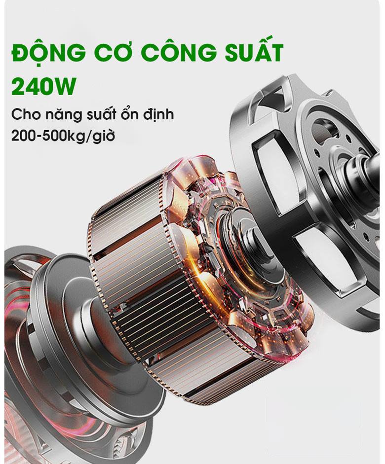 Công suất 240W vận hành ổn định, cắt thái được 200–500kg/h