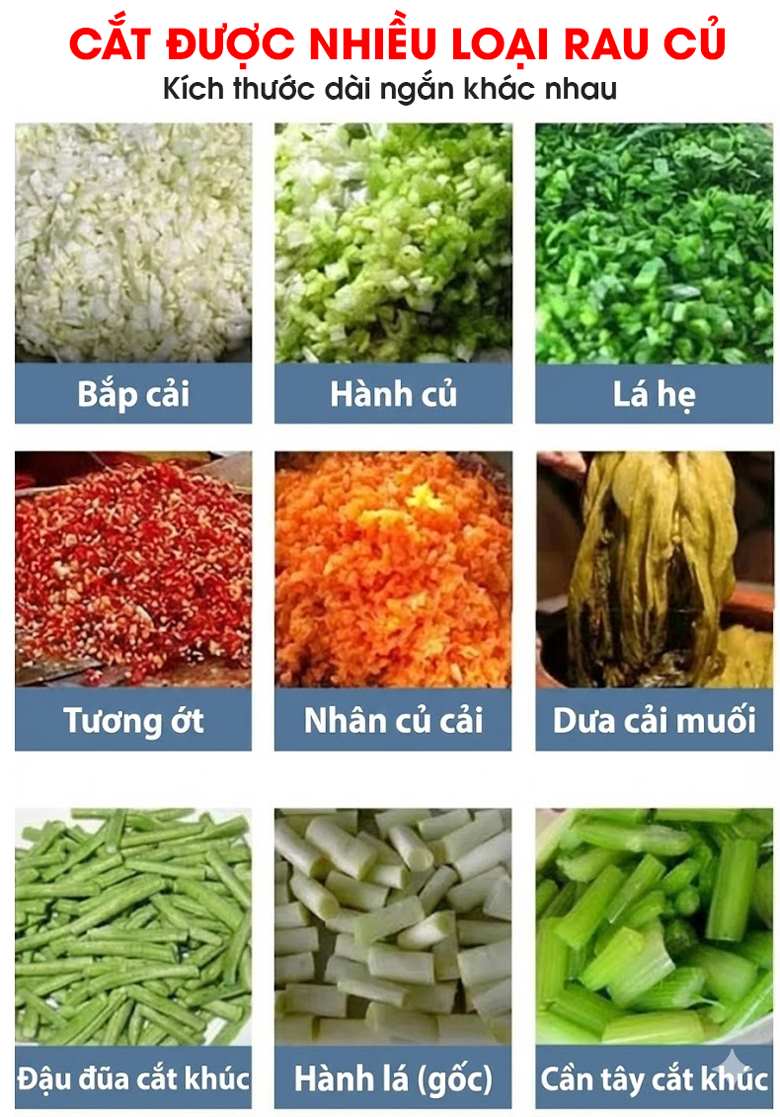 Cắt thái nhiều loại rau củ, đáp ứng tốt nhu cầu bếp ăn và cơ sở chế biến