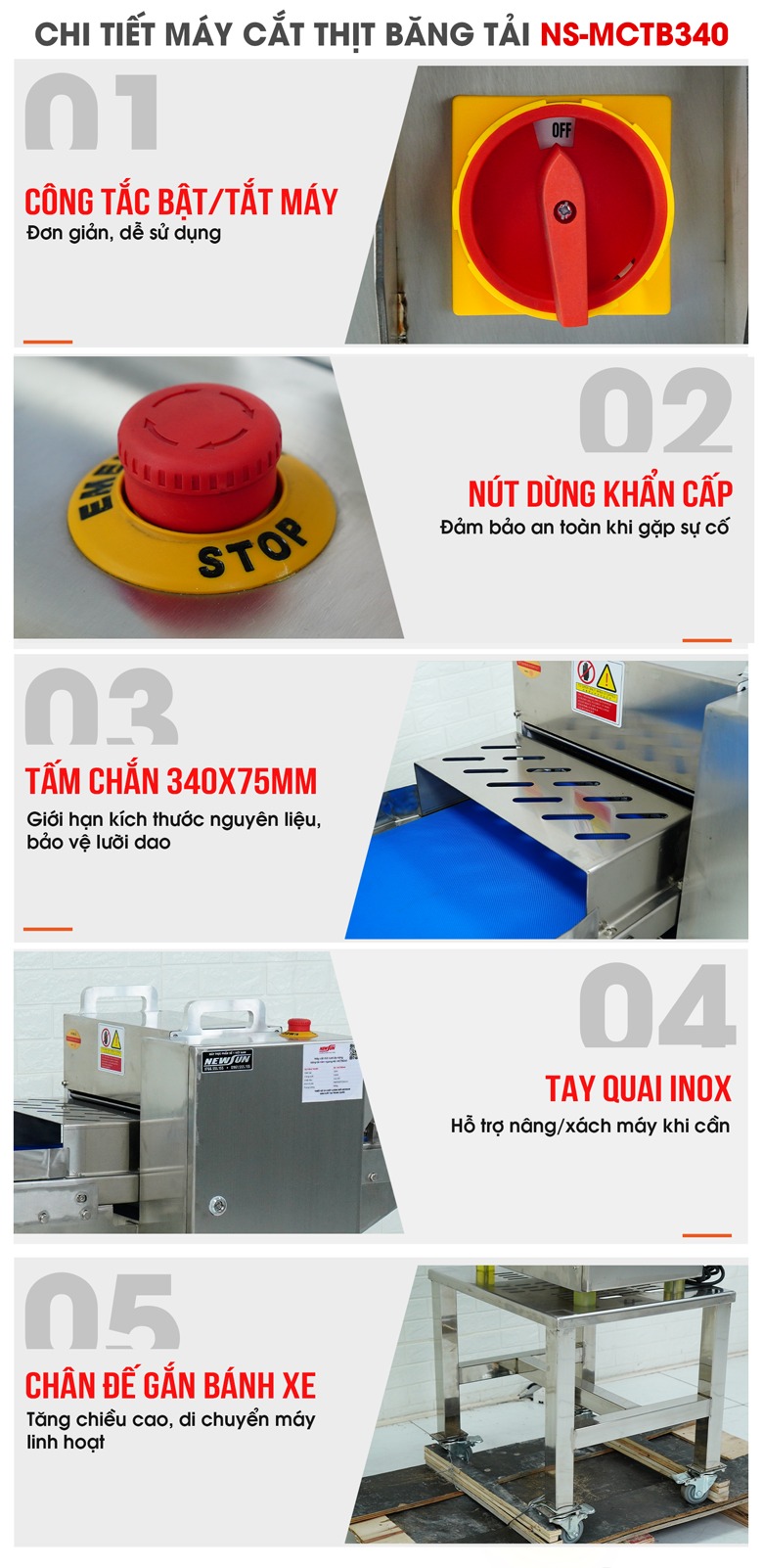 Các chi tiết của máy cắt thịt băng tải MCTB340 Các chi tiết của máy cắt thịt băng tải MCTB340