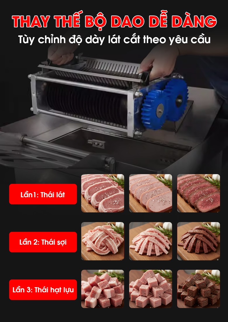 Thiết kế thay dao nhanh chóng, tuỳ chỉnh độ dày lát cắt theo yêu cầu Thiết kế thay dao nhanh chóng, tuỳ chỉnh độ dày lát cắt theo yêu cầu