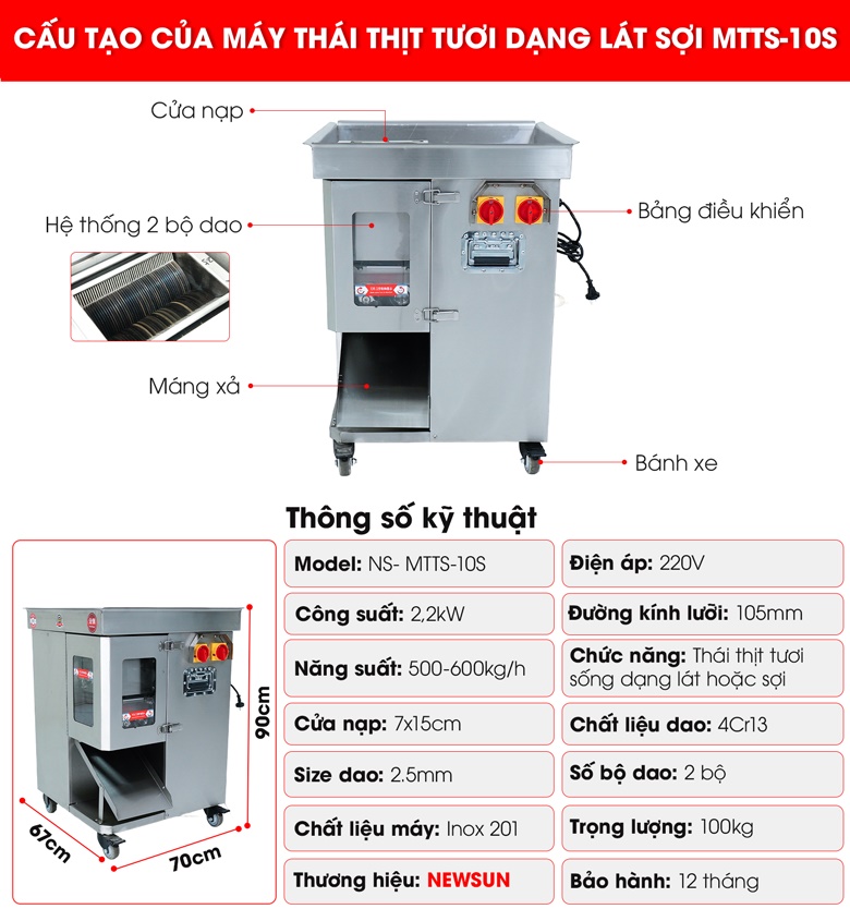Máy cắt thịt tươi sống lát sợi MTTS-10S Cấu tạo máy cắt thịt tươi sống lát sợi MTTS-10S