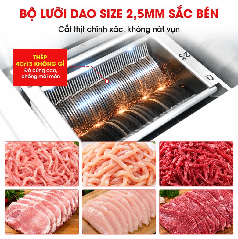 Máy cắt thịt tươi sống lát sợi MTTS-10S Hai bộ dao sắc bén, thành phẩm đồng đều