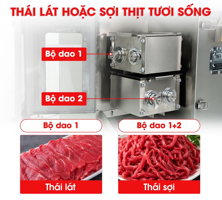 Máy cắt thịt tươi sống lát sợi MTTS-10S Đáp ứng cả nhu cầu thái lát và thái sợi